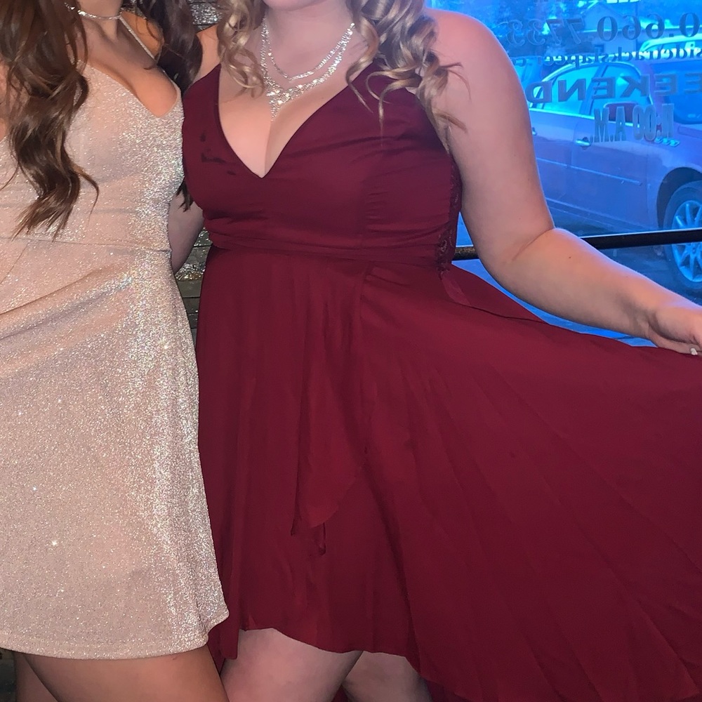 maroon high-low Windsor dress
